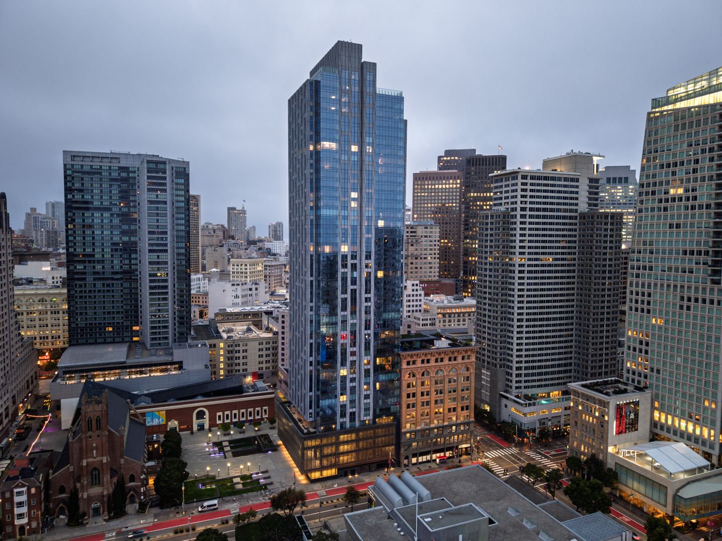 Aerial view of the 706 Mission tower amid the downtown San Francisco skyline